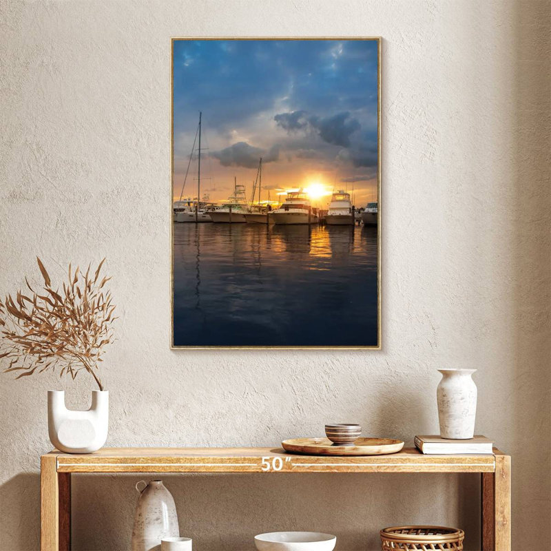 Miami Marina At Sunset, Floating Frame Natural Wood, 25" x 37"