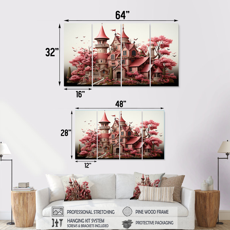 «Monets Garden Castle Revisité Landscape - Classics», ensemble de 4 pièces d'art mural, H 28 po x l 48 po