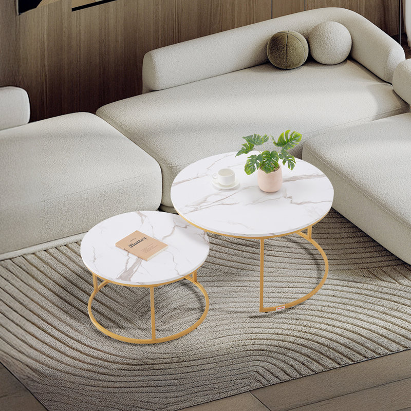Nesting Coffee Table Set of 2, Round Coffee Table, Nesting Tables for Small Place, Vintage End Side Tables Night Stand with Metal Frame, for Living Room, Bedroom, Office (White & Gold)
