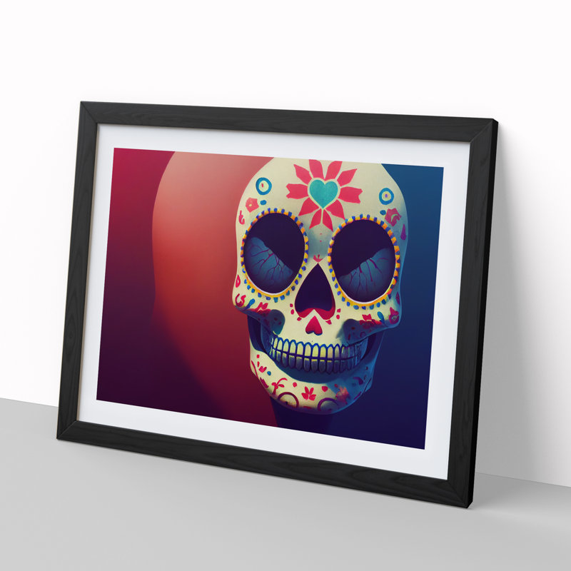 Fantastic Floral Sugar Skull - Single Picture Frame Print, Black, 46cm H x 64cm W x 2cm D