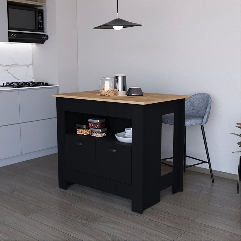 Îlot de cuisine noir avec rangement abondant - 3 tablettes pour ustensiles 2 portes et environnement organisé