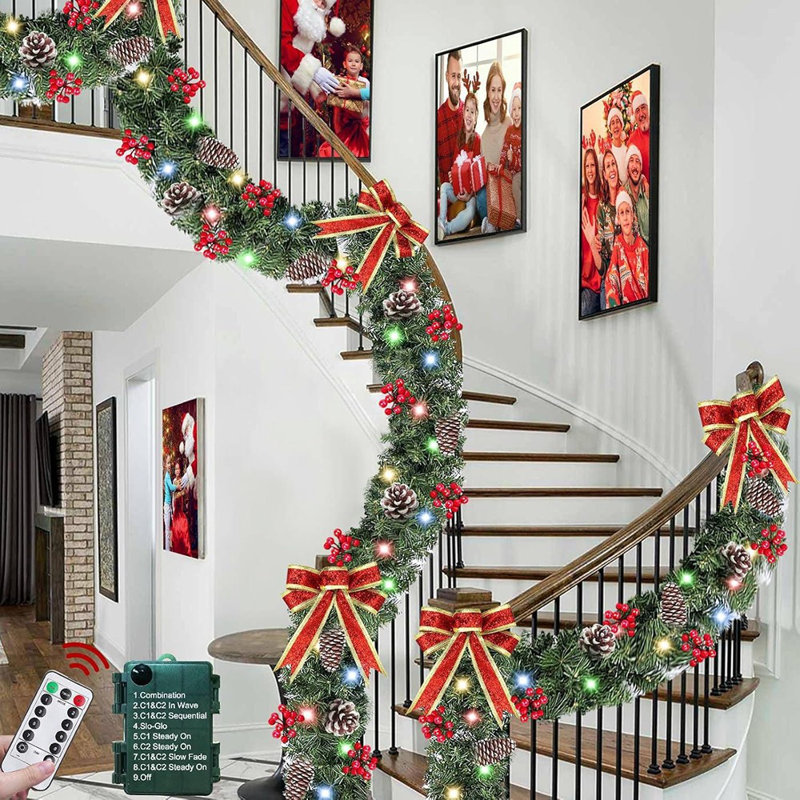 Télécommande et extra longue et 12 modes - Guirlande de Noël pré-éclairée de 18 pi pour les escaliers, balustrade, porte d'entrée, porche, intérieur, extérieur, décoration, 100 blanc chaud et interrupteur de couleurs, 580 branches épaisses