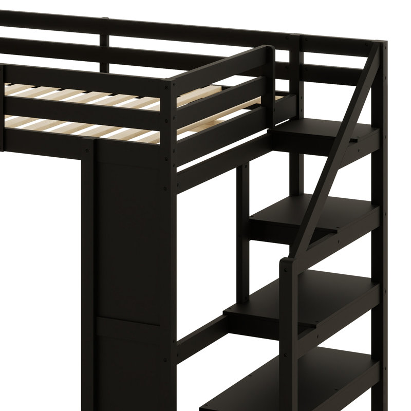 Lit mezzanine avec bureau, panier de basketball, glissade et escalier, Noir