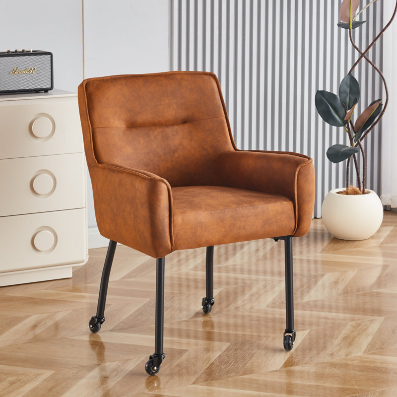 Anya 25.5" Wide Upholstered Armchair with Casters for Dining or Home Office, Brown