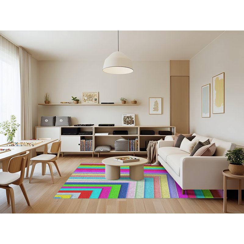 Tapis rayé en laine / polyester tissé à la machine rose / rouge / vert, Rectangle 7 pi x 9 pi