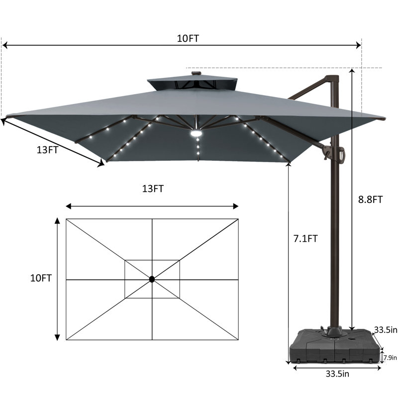 Parasol extérieur rectangulaire en porte-à-faux à DEL 153 po x 116 po, base lestée inclus, Gris foncé
