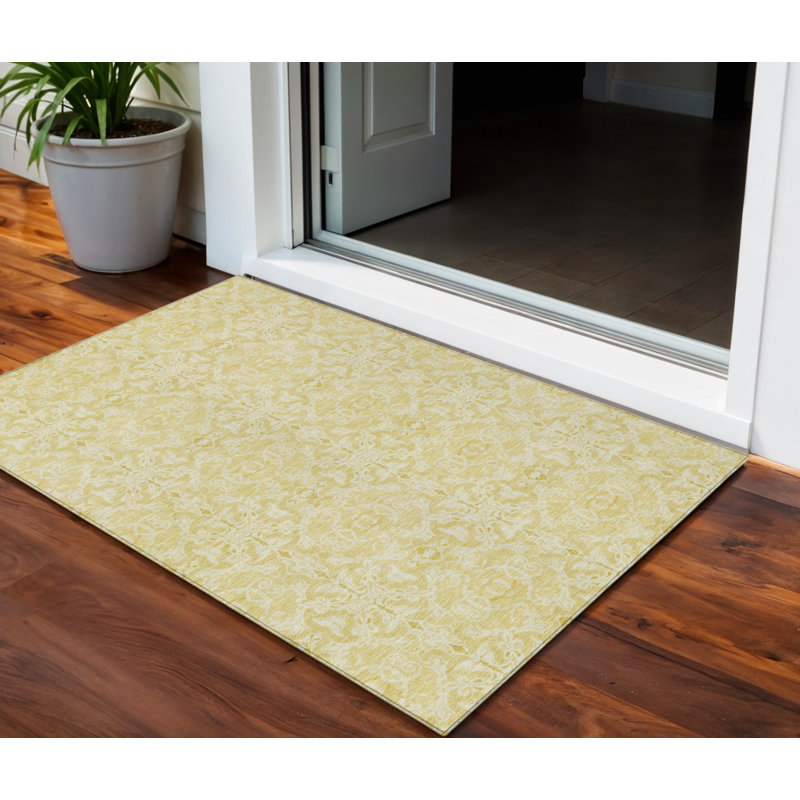 3' X 5' Gold And Ivory Medallion Washable Indoor Outdoor Area Rug