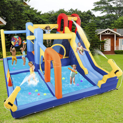 JOYLDIAS 8 in 1 Castle Inflatable Water Slide with 3 Pool and Trampoline,9.6' x 9.5'  Bounce House with Air Blower