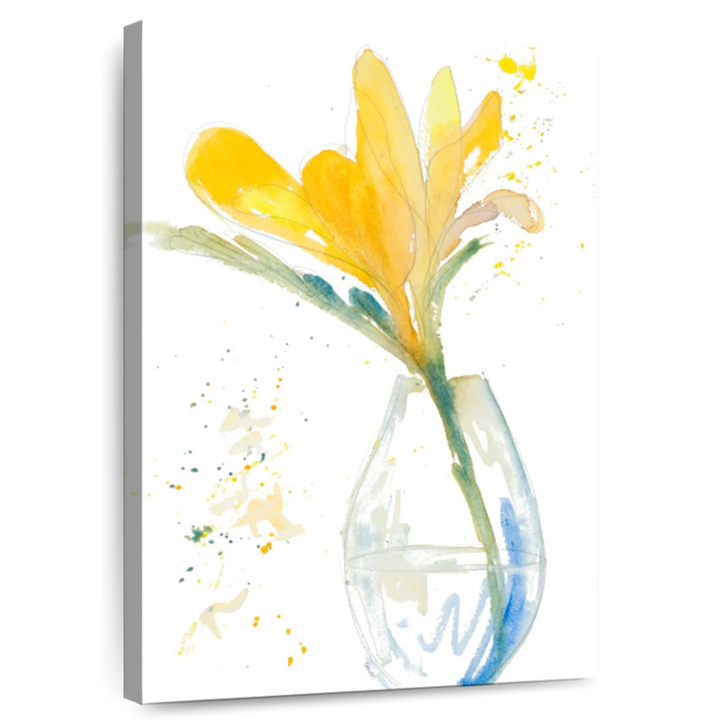 Fleurs jaunes Harnek dans un vase transparent, H 12 po x l 8 po