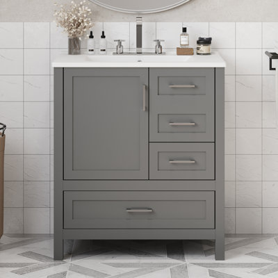 Meuble-lavabo de 30 po en gris - Conception compacte. Fabrication. Options de rangement polyvalentes. Mécanisme à fermeture en douceur. Évier en céramique moderne, compact et élégant. Porte et tiroirs. Fabrication en bois massif.