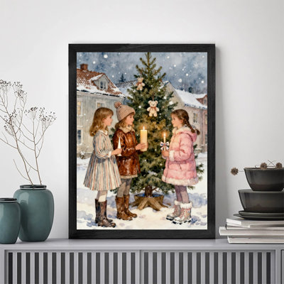 Black Framed Vintage Christmas Eve - Happy children holding candles in front of the Christmas tree Wall Art Retro Style Framed Prints