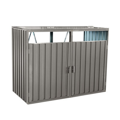 Remise extérieure pour 2 poubelles - Acier galvanisé en métal gris, pourriture, verrouillable avec couvercles de levage et poignées 2 poubelles, facile à mettre