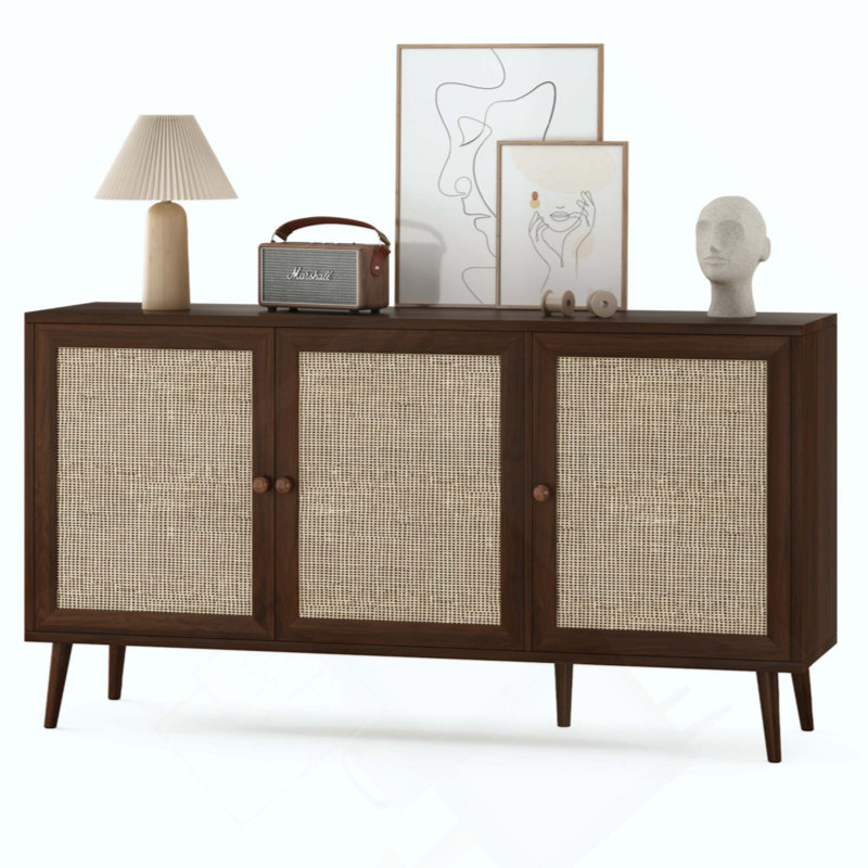 Sideboard Buffet Cabinet With 3 Rattan Doors,Modern Kitchen Storage Console Cabinet For Entryway Living Room, Walnut