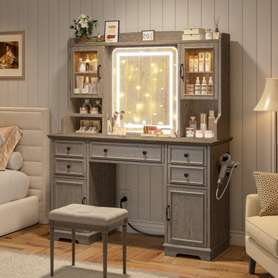 Large Vanity Desk With Mirror And Lights Girls Vanity With Power Outlet Makeup Vanity Table With Hair Dryer Rack
