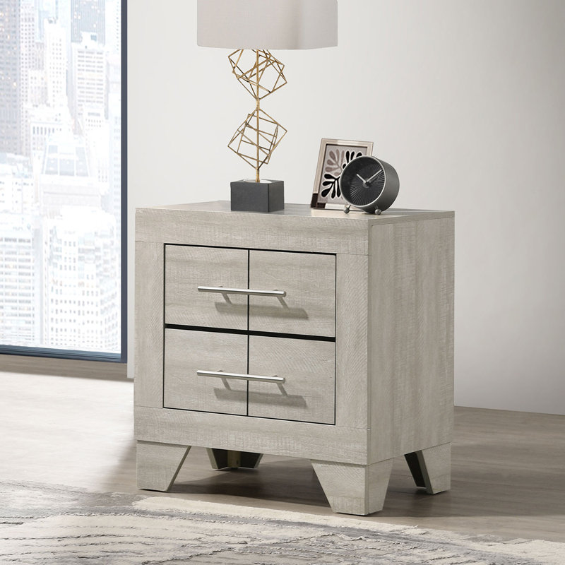 Table de chevet 2 tiroirs en bois avec poignées en nickel poli crème rustique