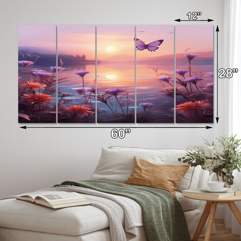 Papillon rose, coucher de soleil magique - animaux, décoration murale papillon - 5 panneaux égaux
