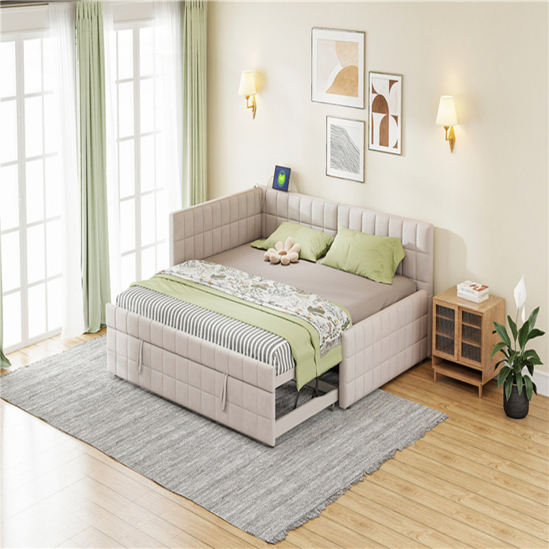 Full Size L-Shaped Upholstered Daybed with Twin Trundle and USB Ports, Modern Square-Block Design, Beige, Beige