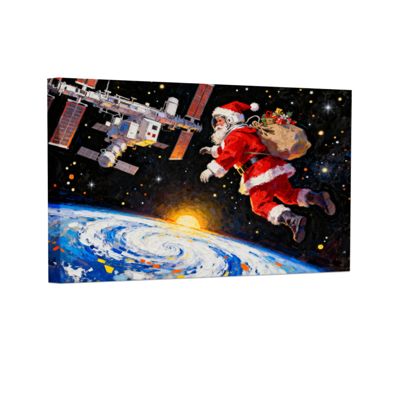 Père Noël de Noël flottant dans l'espace avec la terre et la station, ensemble de 3 impressions sur toile, H 24 po x l 36 po
