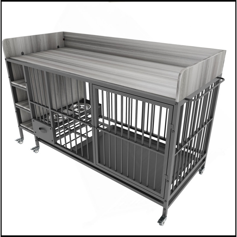 Grande cage pour animaux de compagnie avec support de rangement, tiroirs avec bac à nourriture et à eau en acier inoxydable, structure en fer et matériau en bois aggloméré, robuste, exquis et pratique