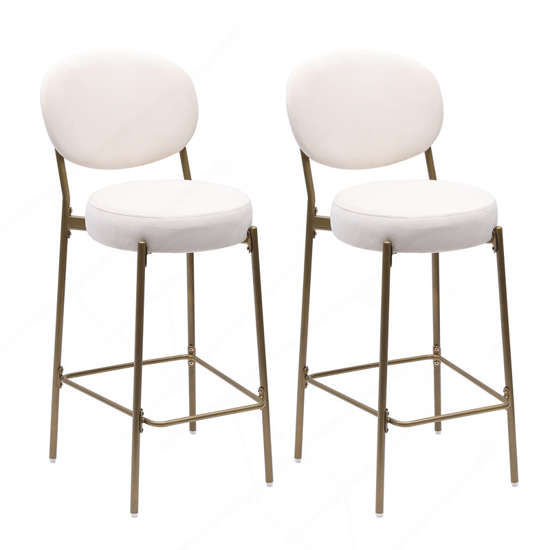 29'' Upholstered Bar Stools Velvet Counter Stool With Backrest & Footrest Set Of 2 Round Dining Chairs For Kitchen(Creamy White)