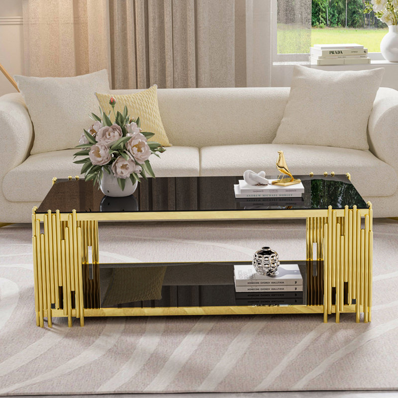  Rahmi 51" L x 27.5" W 2-Tier Rectangle Black Tempered Glass Top Coffee Table, Deluxe Gold Stainless Legs Sofa Table, Black
