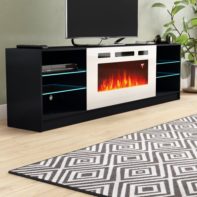 78.7" Modern TV Stand with Electric Fireplace, High Gloss Finish, Media Storage, Black