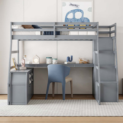 Lit mezzanine double avec 7 tiroirs, 2 tablettes et un bureau