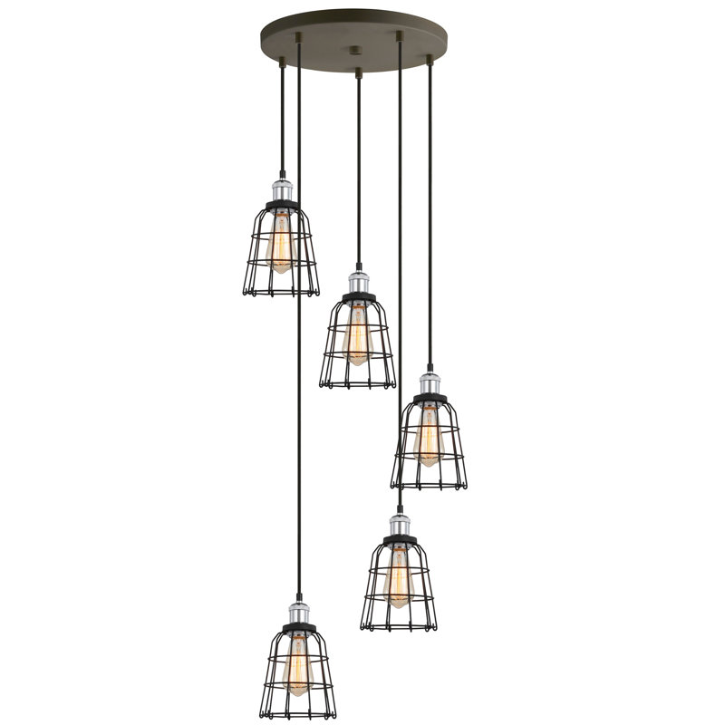 Luminaire suspendu en forme de cloche 5 lumières Pinnix, Chrome / Bronze