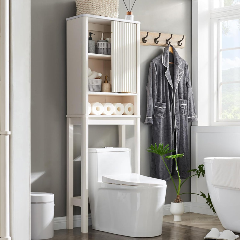 Armoire de rangement autoportante au-dessus de la toilette avec porte coulissante cannelée Riccio, Blanc uni
