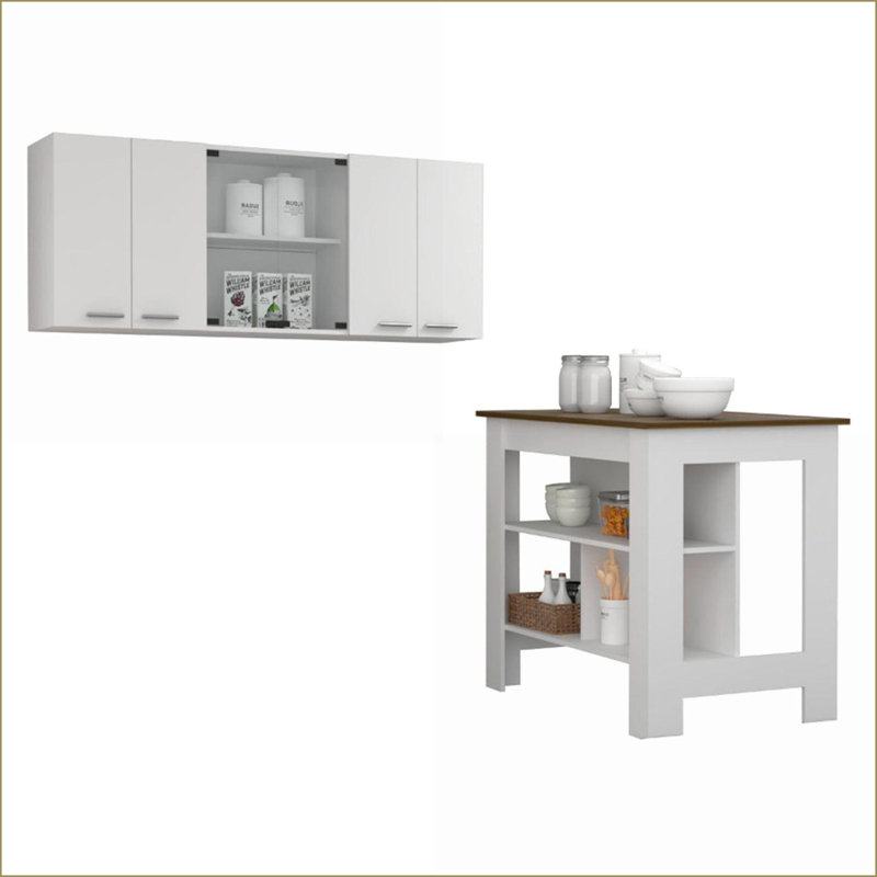 Ensemble d'îlot de cuisine, 2 pièces avec armoire murale, blanc et amp; Noyer brun | Blanc | Bois d'ingénierie