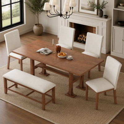 Sturdy 6-Piece Extendable Dining Table Set with Trestle Base, Upholstered Chairs, and Bench for Versatile Home Use