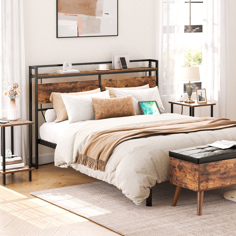Morano 39.9"H Metal Headboard with Charging Station, Brown/Black, Queen
