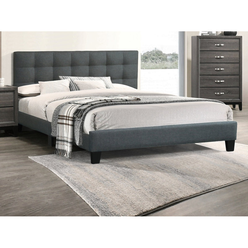 Mobilier de chambre à coucher moderne avec lit capitonné en polyfibre et tête de lit, Grand lit, Gris anthracite