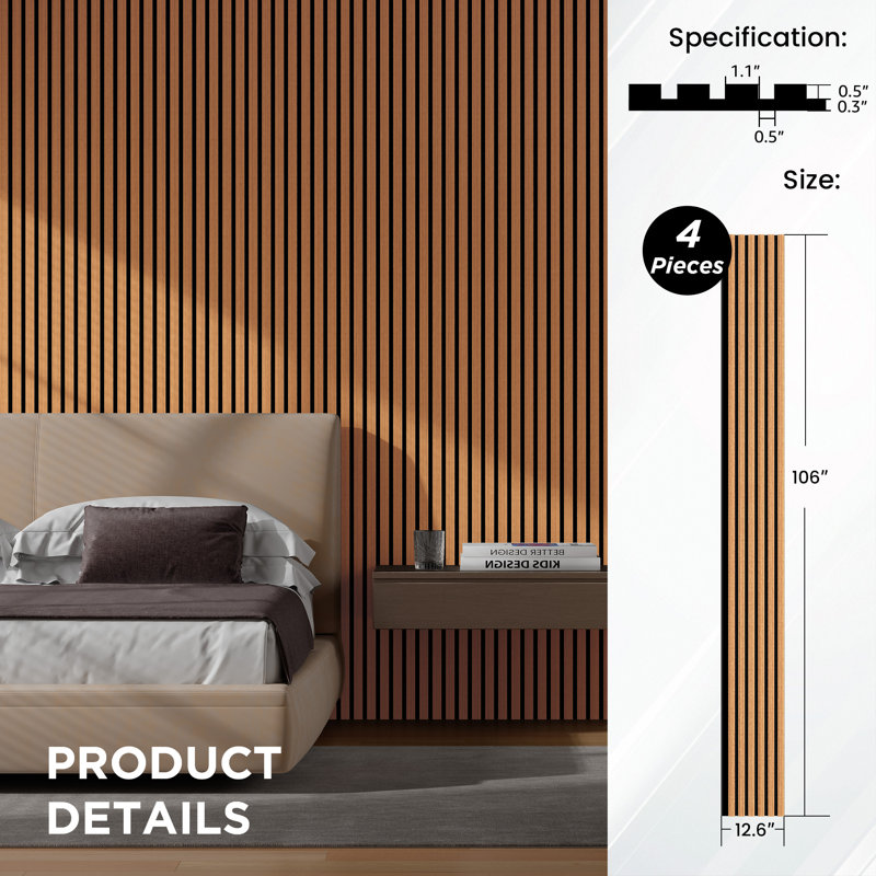 4 PCS 106"L x 12.6"W Acoustic Slat Wall Panels, Eco-Wood Look for Home/Office Wall & Ceiling (37.12 sq. ft.), Light Maple
