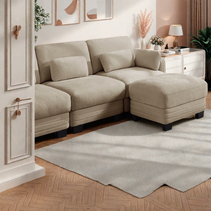 Canapés d'angle à compression, canapé modulaire en chenille camel, intérieur moderne et compact