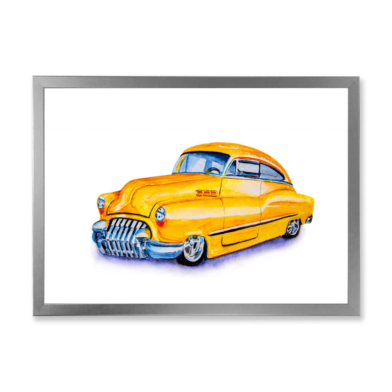 Voiture rétro jaune - peinture sur toile, Cadre argenté, H 35,5 po x l 45,5 po