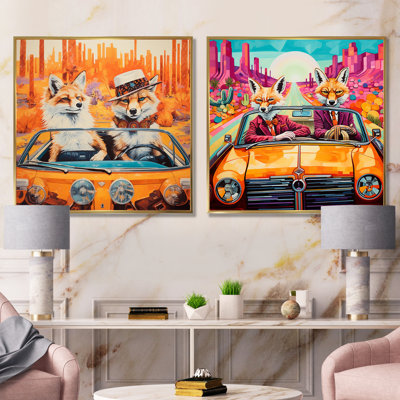 Adventurous Foxes Driving I - Fox Wall Art Living Room Set Of 2