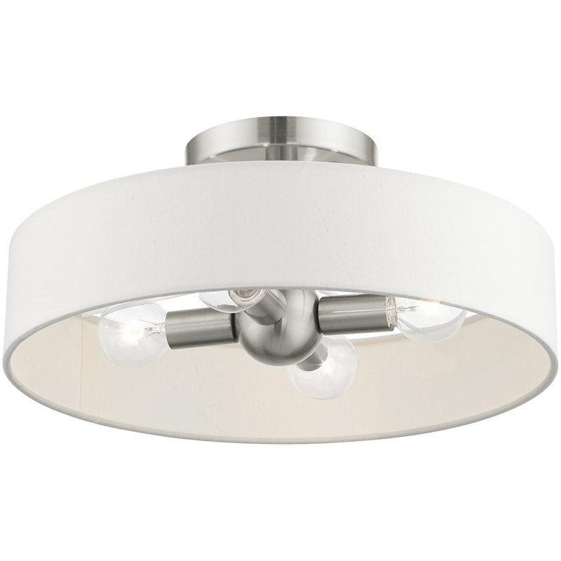 Plafonnier semi-encastré 4 lumières et tissu blanc cassé fabriqué à la main, Nickel brossé