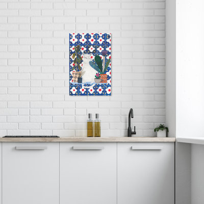 Impression sur toile, "Floral and Botanical Cat in the Kitchen Cabin / Lodge"