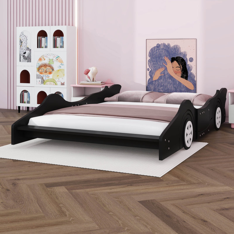 Lit plateforme en forme de voiture avec roulettes, Noir, Double