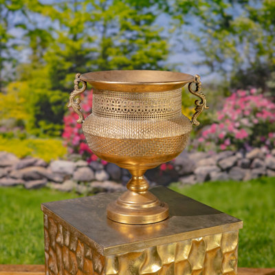 14.75" Tall Frosted Gold Metal Urn "Juventas"