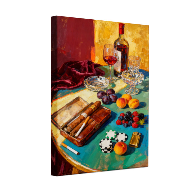 Nature morte abstraite avec vin et fruits, H 30 po x l 20 po