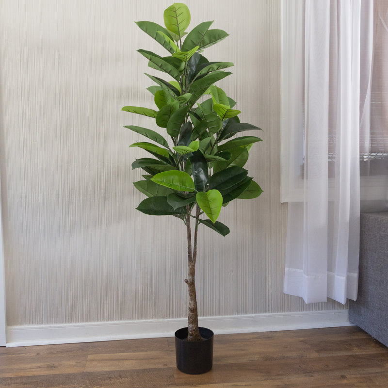 Artificial Rubber Plant - 51-Inch Faux Tree with Natural-Feel Leaves - Realistic Potted Indoor Plant for Office or Home Decor