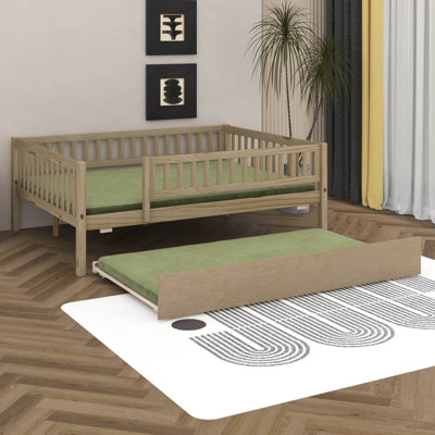 Lit de jour double avec lit gigogne, base de lit en bois pour enfants avec garde-corps de clôture, aucun sommier nécessaire
