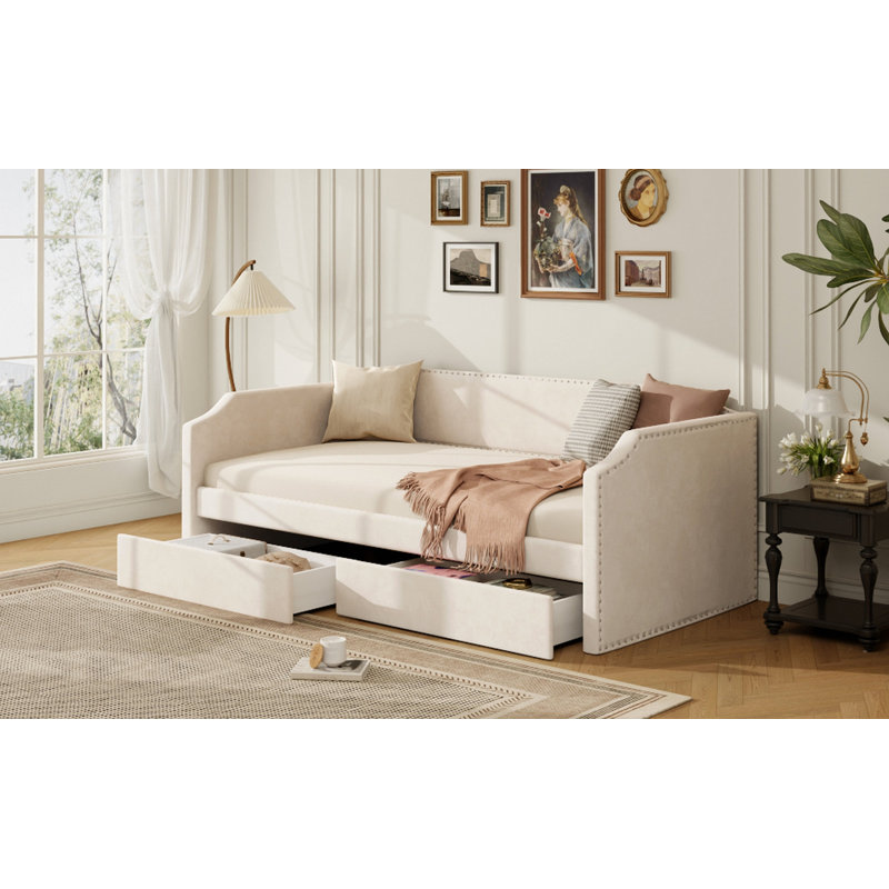 Lit de jour simple rembourré en velours avec 2 tiroirs, beige