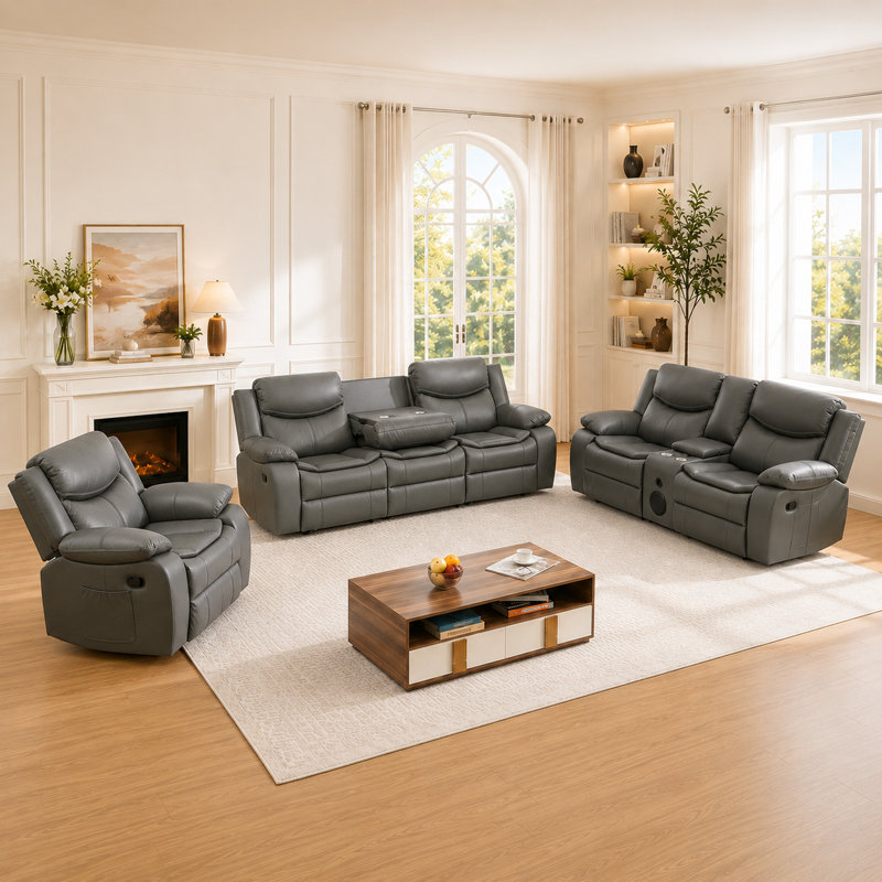  Ensemble de salon inclinable manuel 3 pièces avec haut-parleurs Bluetooth, porte-gobelets et console de rangement Adwin