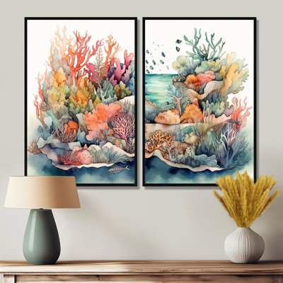 «Vibrant Coral Reef II», art mural moderne sur la plage 2 pièces