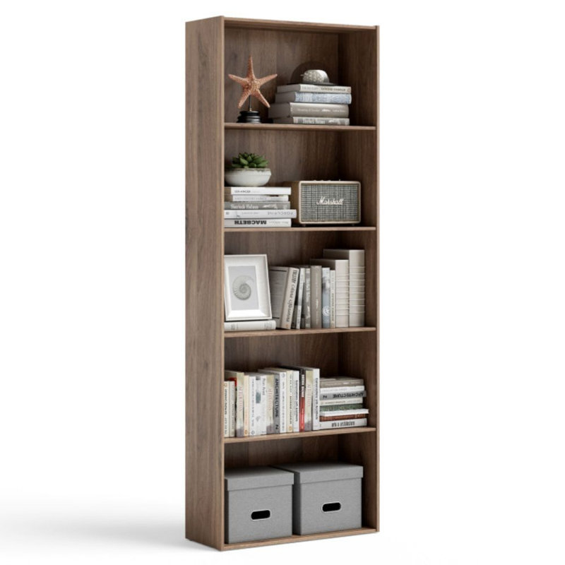 Gethers Modern 67" H x 23.5" W 5-Shelf Storage Bookcase, Walnut
