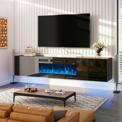 Meuble télé flottant pour téléviseur de 80 po ou moins de 90 po, console multimédia murale avec lumières DEL