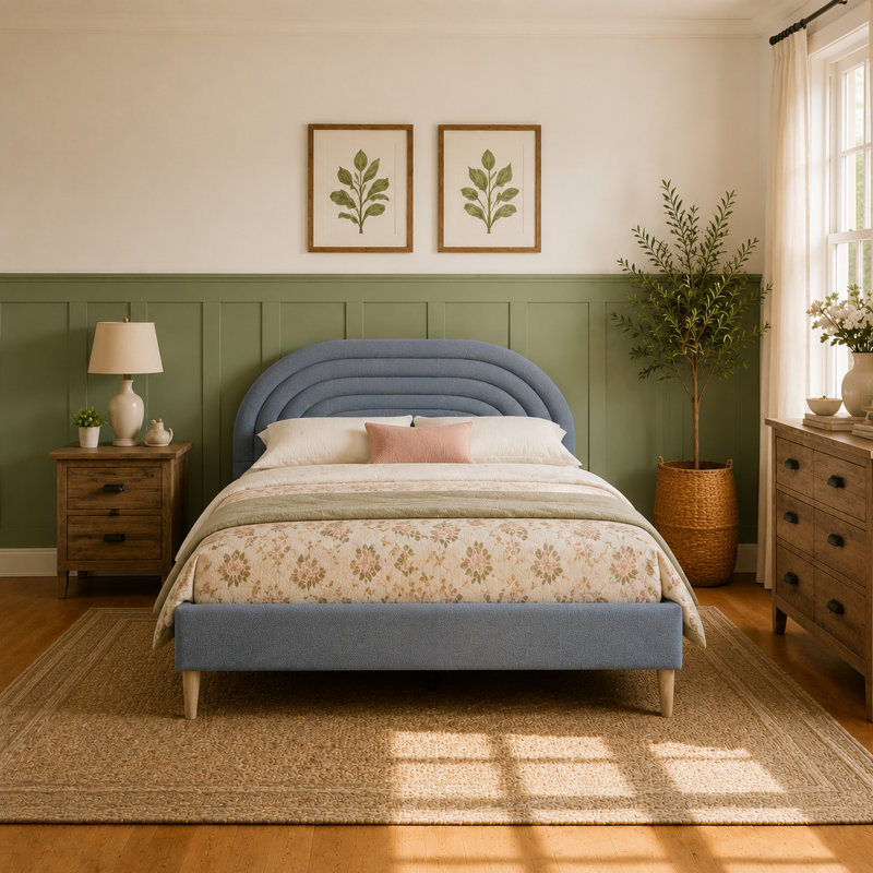Halis Upholstered Scalloped Bed, Queen, Gray Velvet